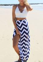 Romwe Zigzag With Split Blue Skirt
