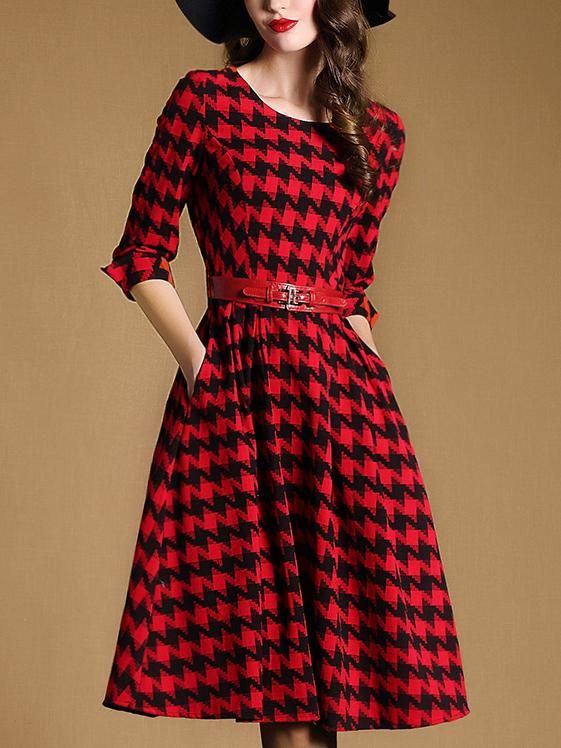 Romwe Red Round Neck Half Sleeve Pockets Houndstooth Drawstring Dress