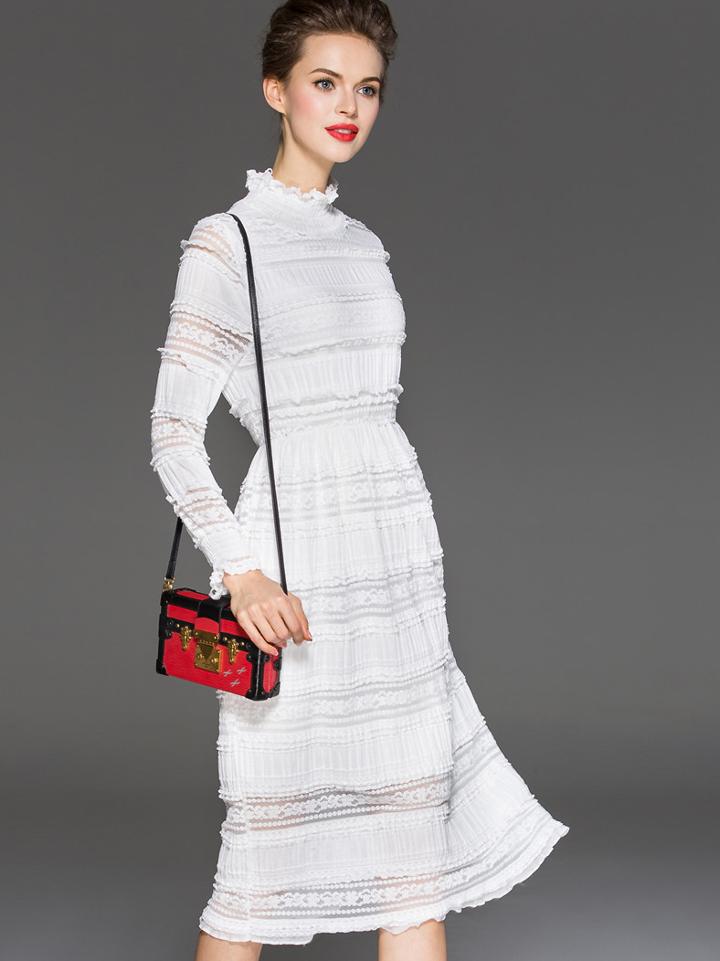 Romwe White Collar Long Sleeve Contrast Gauze Embroidered Dress