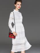 Romwe White Collar Long Sleeve Contrast Gauze Embroidered Dress