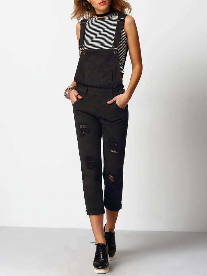 Romwe Black Strap Ripped Pockets Denim Jumpsuit