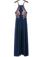 Romwe Navy Embroidery Ladder Cutout Overlay Romper
