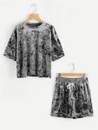 Romwe Velvet Dip Hem Tee With Drawstring Shorts Set