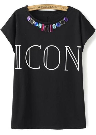 Romwe Black Short Sleeve Icon Print Rhinestone T-shirt