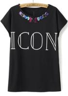 Romwe Black Short Sleeve Icon Print Rhinestone T-shirt
