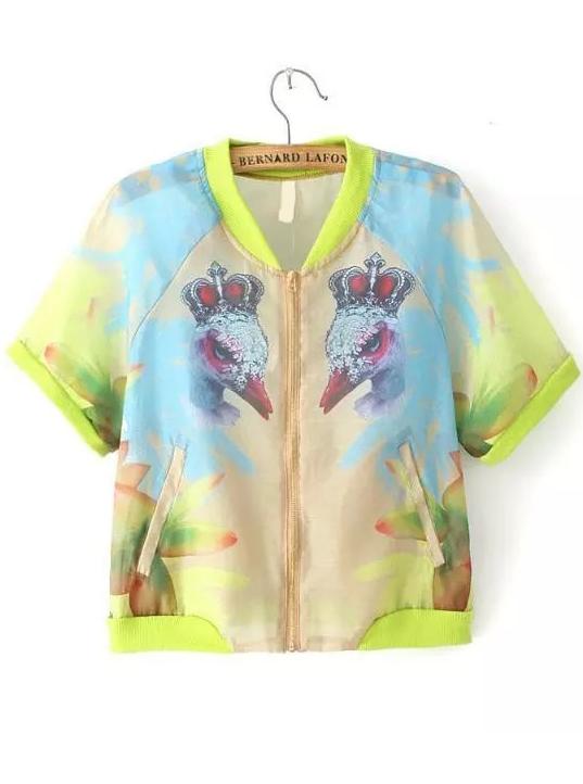 Romwe Short Sleeve Florals Organza Coat