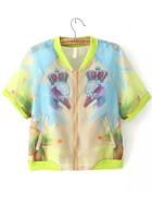 Romwe Short Sleeve Florals Organza Coat