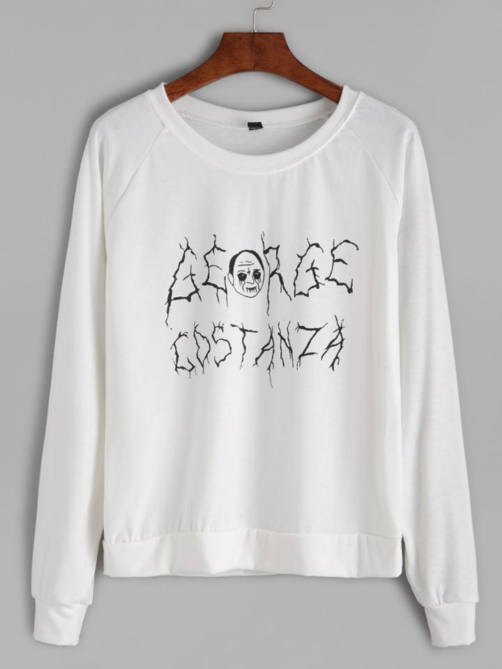 Romwe White Printed Raglan Sleeve Sweatshirt