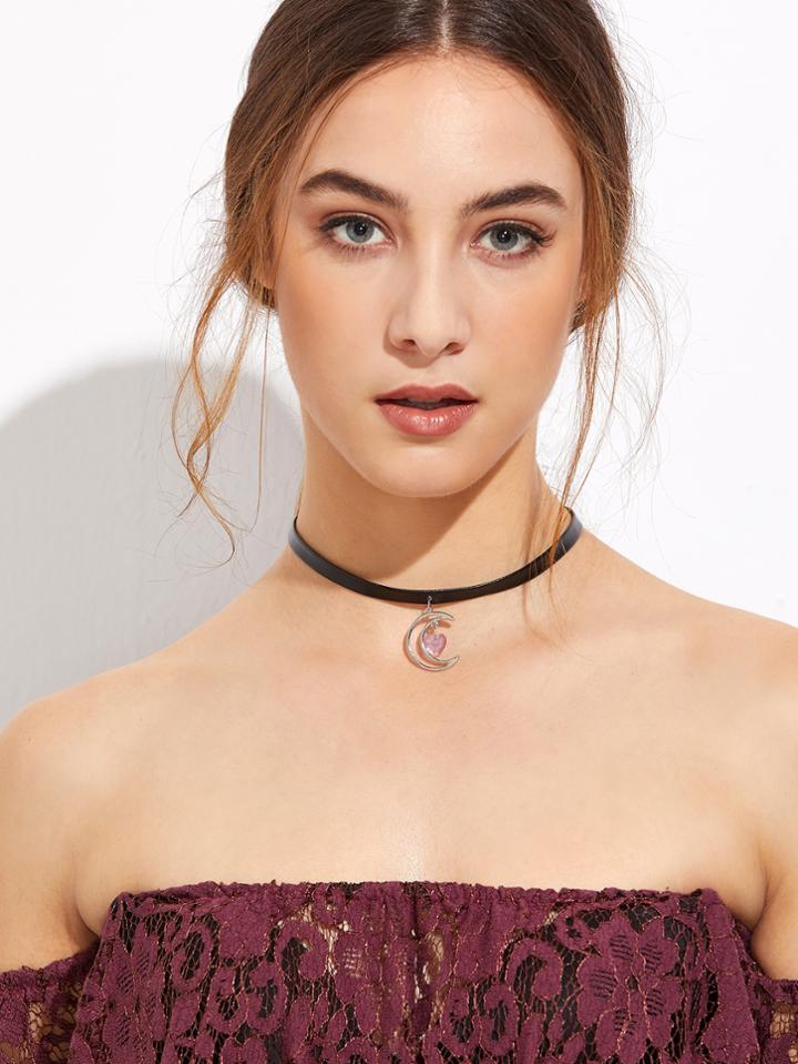 Romwe Black Band Silver Hollow Moon Crystal Choker Necklace