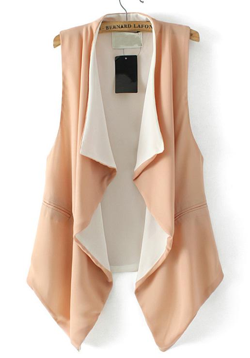 Romwe Sleeveless Pockets Chiffon Apricot Vest