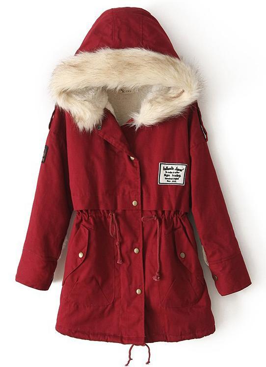Romwe Zipper Embellished Fleece Inside Military Red Coat