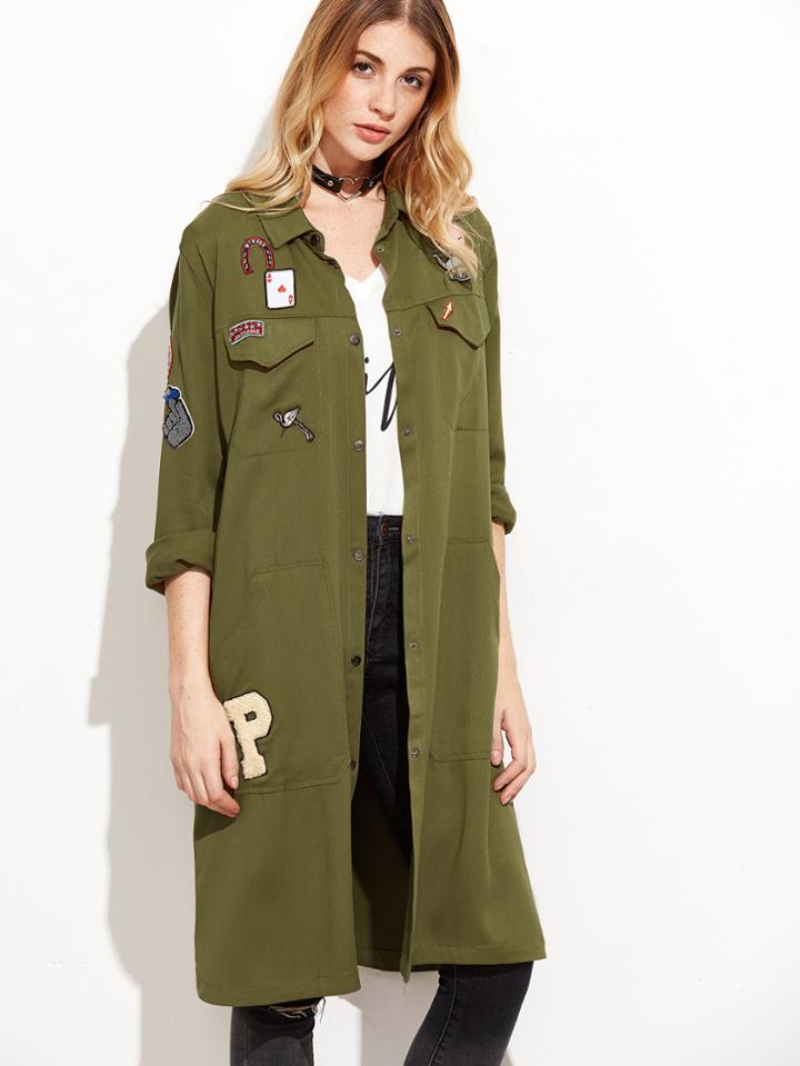 Romwe Army Green Embroidered Patches Curved Hem Coat