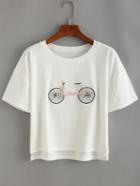 Romwe Bicyle Embroidered High Low T-shirt - White