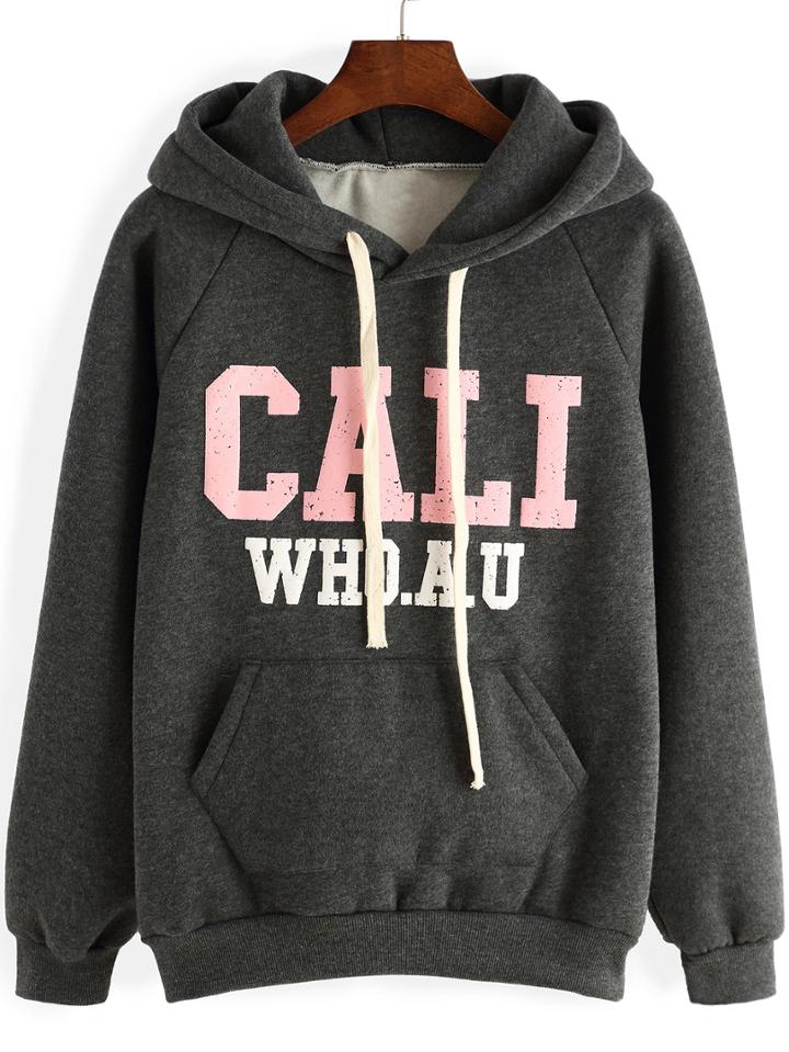 Romwe Hooded Letters Print Grey Sweatshirt