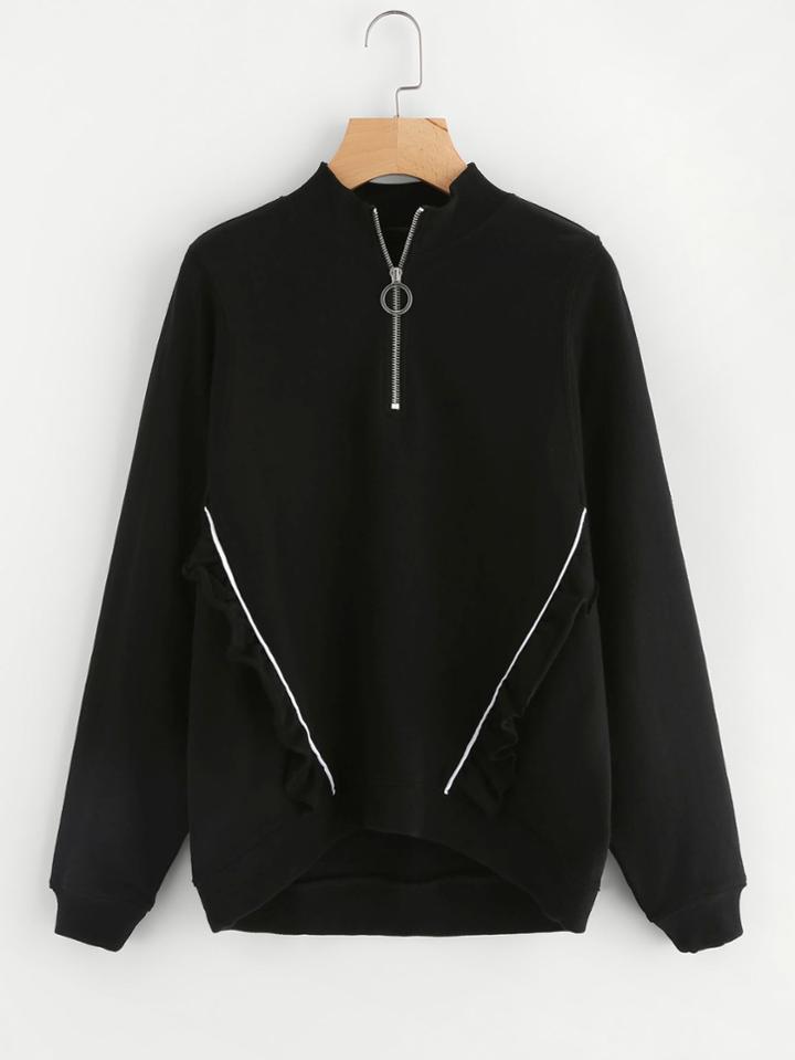 Romwe Zip Front Tipping And Frill Detail Sweatshirt