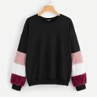 Romwe Contrast Faux Fur Colorblock Sweatshirt