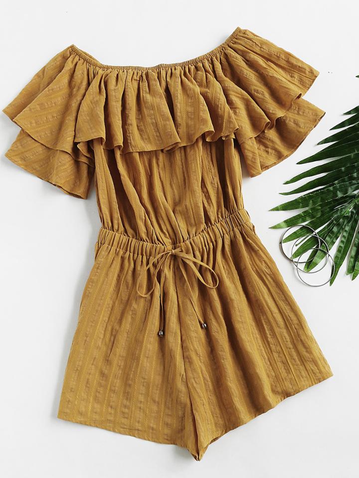 Romwe Frill Off Shoulder Striped Jacquard Playsuit