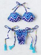 Romwe Printed Frill Trim Tassel Tie Triangle Bikini Set