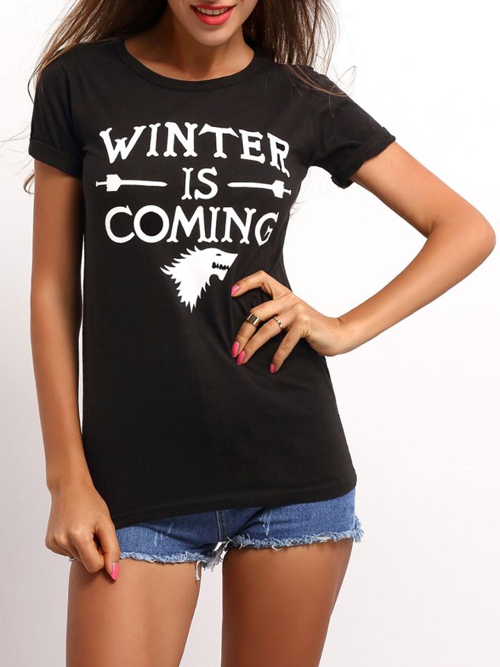 Romwe Black Short Sleeve Letters Print T-shirt