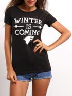 Romwe Black Short Sleeve Letters Print T-shirt