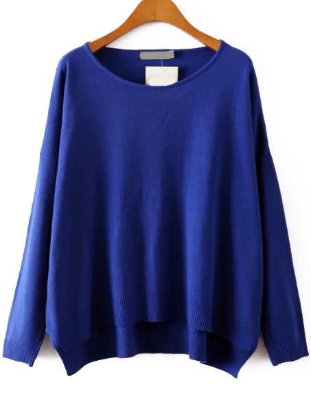 Romwe Round Neck Dip Hem Royal Blue Sweater