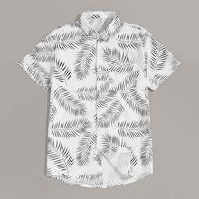Romwe Guys Leaf Print Curved Hem Shirt