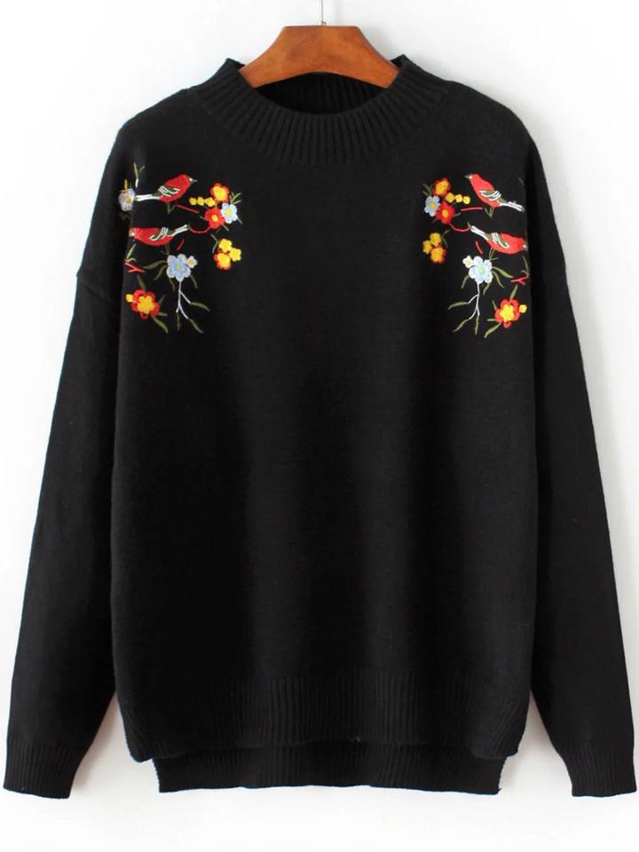 Romwe Black Bird Embroidery Dip Hem Sweater