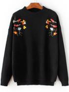 Romwe Black Bird Embroidery Dip Hem Sweater