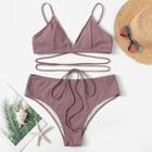 Romwe Plus Lace Up Plunge Top With Textured Bikini