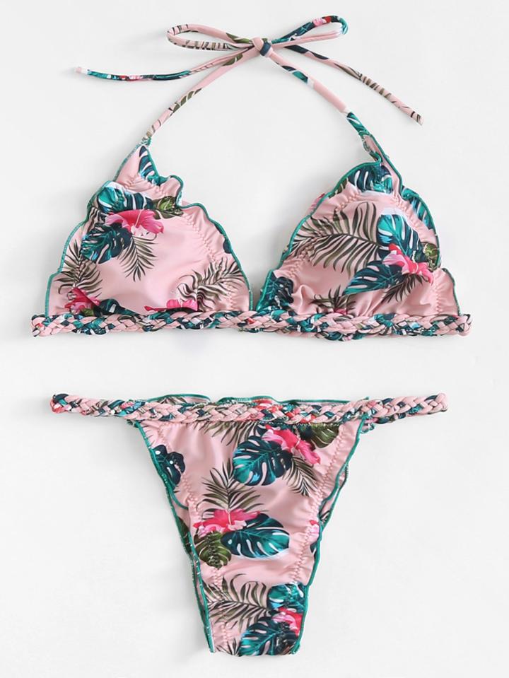Romwe Lettuce Trim Palm Print Bikini Set