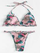 Romwe Lettuce Trim Palm Print Bikini Set