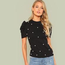 Romwe Pearl Embellished Puff Sleeve Ribbed Tee