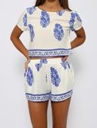 Romwe White Short Sleeve Blue Floral Crop Top With Shorts