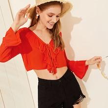 Romwe Flounce Trim Lace-up Crop Blouse