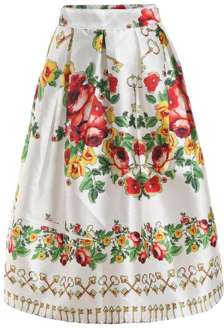 Romwe Back Zipper Florals Flare Skirt