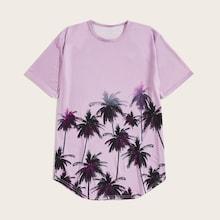 Romwe Guys Coconut Trees Curved Hem Tee