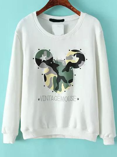 Romwe White Long Sleeve Mickey Print Bead Sweatshirt