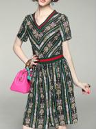 Romwe Multicolor V Neck Print Elastic-waist A-line Dress