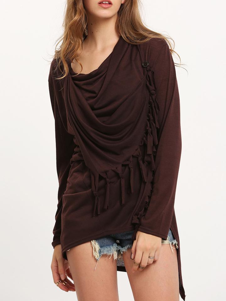 Romwe Brown Cowl Neck Fringe Asymmetrical Coat