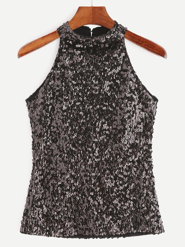 Romwe Black Keyhole Back Sequined Top