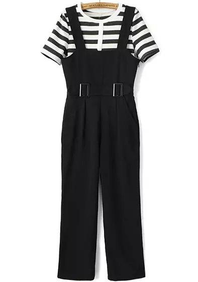 Romwe Short Sleeve Striped Top With Straps Belt Pant