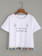 Romwe White Fringe Letters Print T-shirt