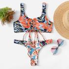Romwe Leaf Print Lace-up Top With High-leg Bikini