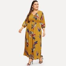 Romwe Plus Floral Print V-neck Dress