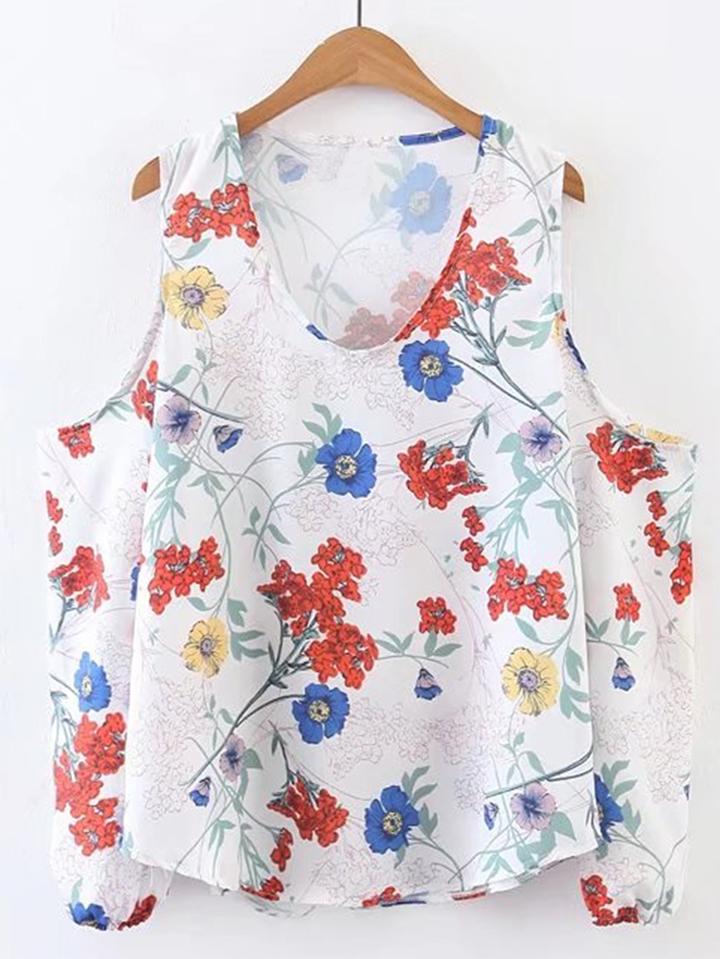Romwe Open Shoulder Floral Top
