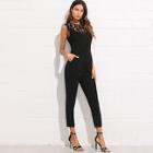 Romwe Guipure Lace Yoke Solid Jumpsuit