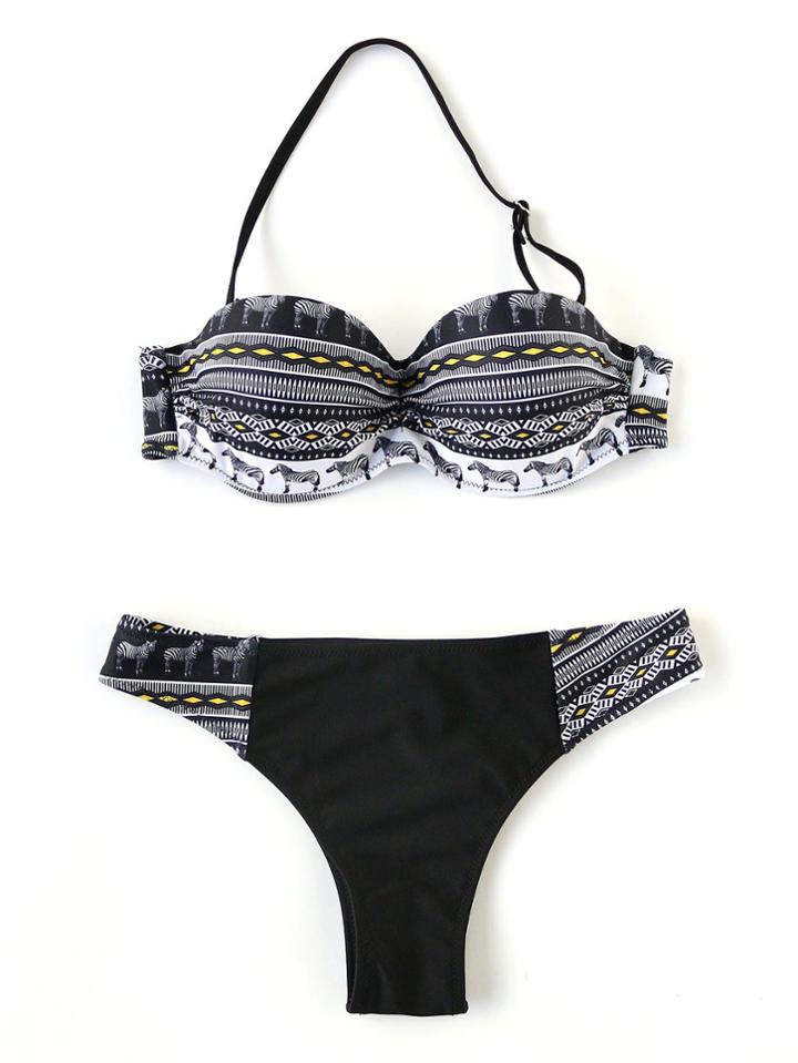 Romwe Black Zebra Print Halter Bikini Set