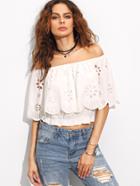 Romwe White Off The Shoulder Hollow Ruffle Crop Blouse