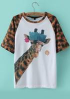Romwe Contrast Collar Giraffe Print T-shirt