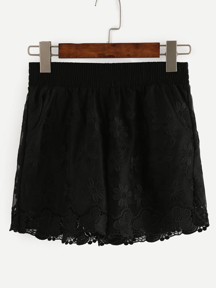 Romwe Crochet Trimmed Embroidered Mesh Shorts - Black